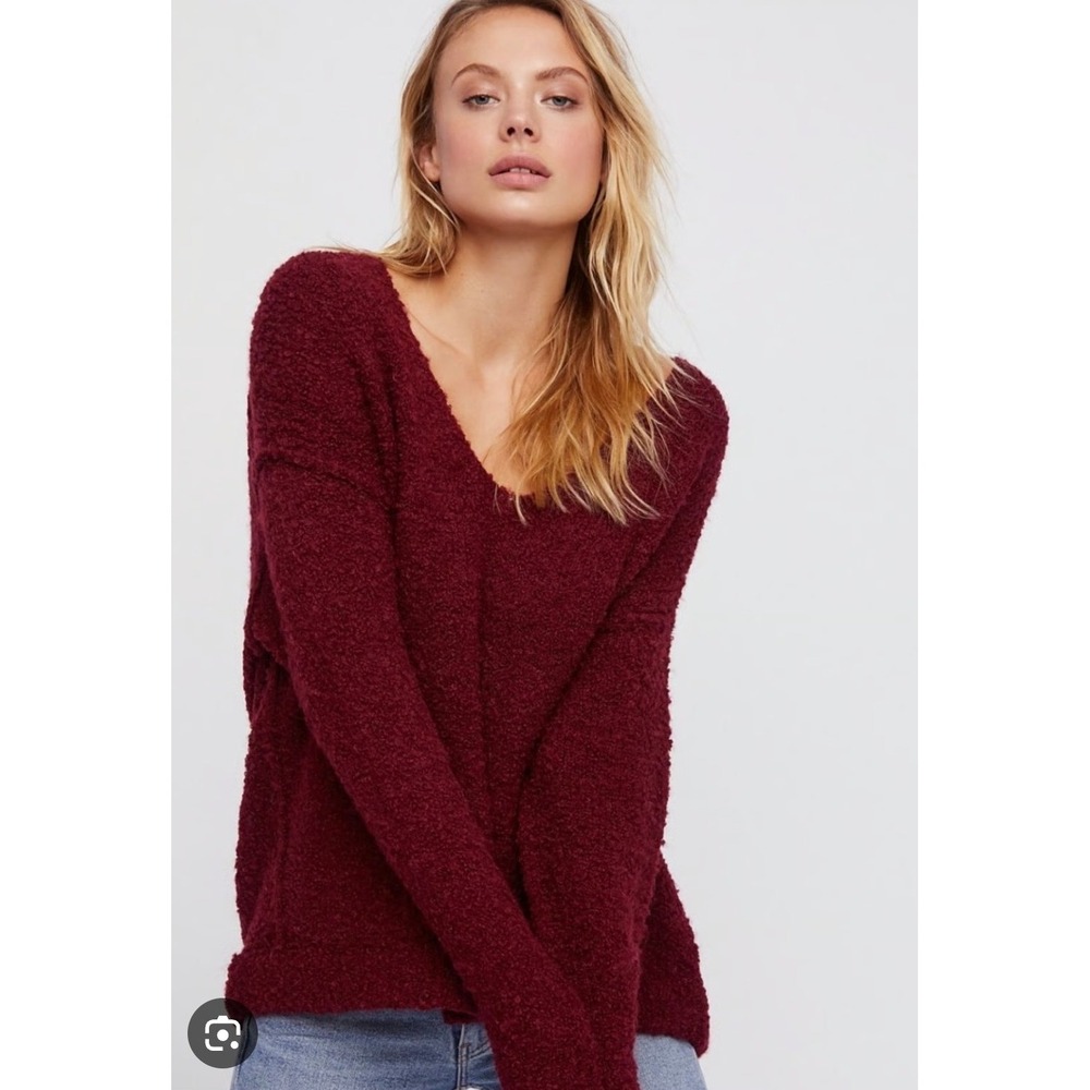Free People XS Boucle Knit V Neck‎ Sweater Plum Purple Casual Pullover